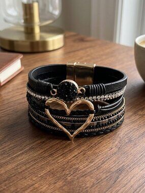 Black Leather Wrap Bracelet Heart Charm Crystal Layered Boho Cuff